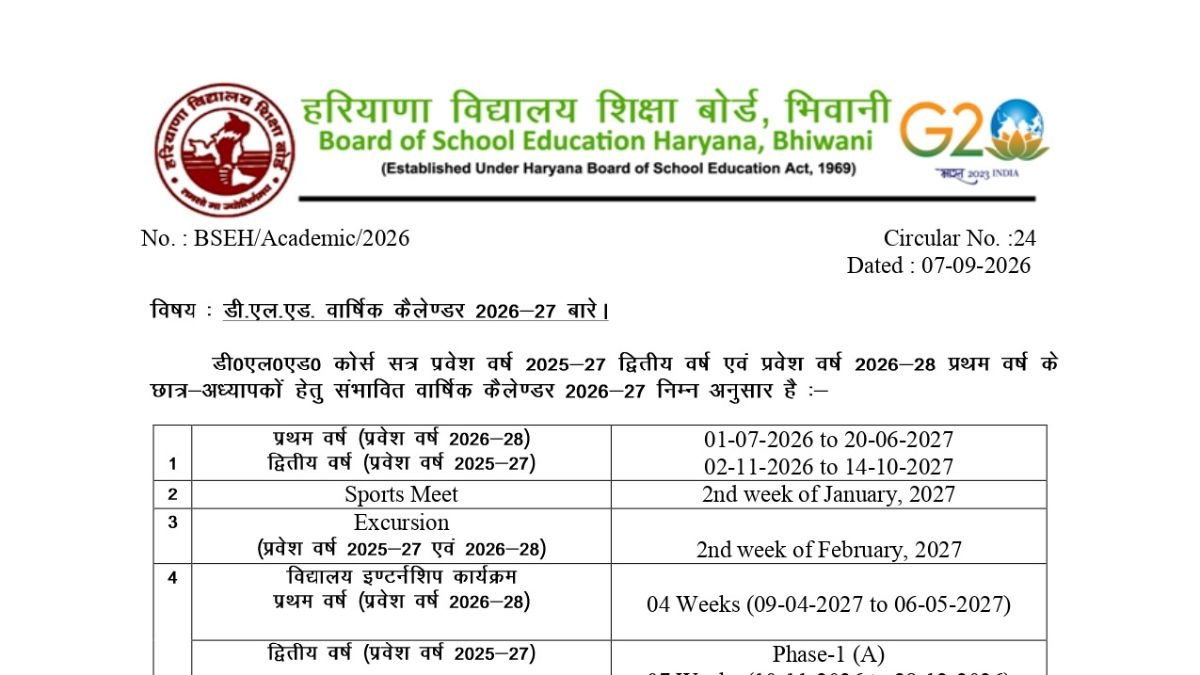 D.El.Ed 2026-27 का कैलेंडर जारी, इंटर्नशिप से परीक्षा तक की तारीखें तय